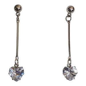 Silver Linear Bar Drop Heart CZ Earrings
